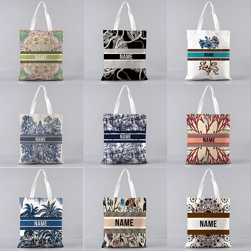 Luxury Bags Brand Names - 女性のためのキャンバストートバッグ,折りたたみ式で再利用可能,パーソナライズされた名前とテキスト,高級ブランドのパターン,先生のためのショッピングバッグ,花嫁のための