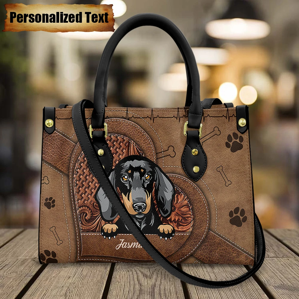 Luxury Bags Brand Names - 女性用レザーショルダーバッグ パーソナライズされた名前入り かわいいダックスフント犬プリント カジュアルハンドバッグ ブランドデザイン 高級トートバッグ