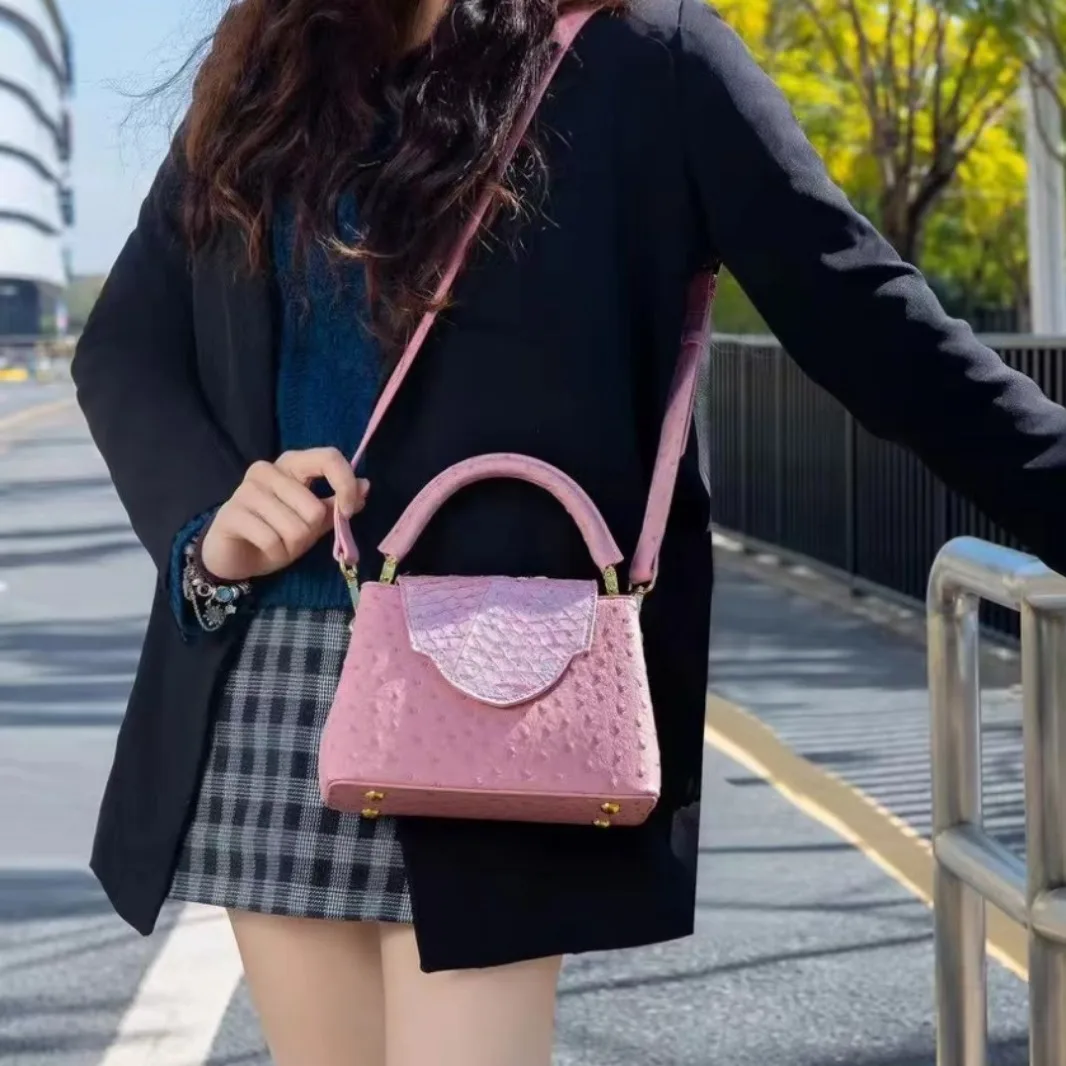 Luxury Bags In Sale - HXia 高級スクエア型レディースバッグ オーストリッチプリントレザーハンドバッグ ファッションショルダー クロスボディ トップハンドルバッグ
