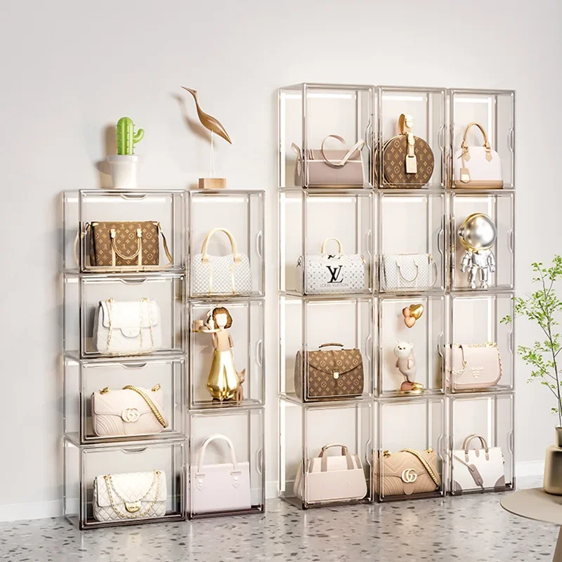 Luxury Bags Brand Names - バッグ収納ボックス、ブランド高級バッグ防塵収納ラック、六面透明アクリルフィギュア収納ラック